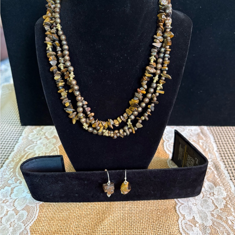 Gold and Brown Beaded Necklace and Earring Set